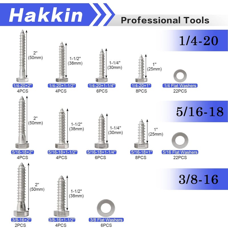 Hakkin 100PCS 1/4" 5/16" 3/8" Hex Lag Bolts Screws Washer Assortment Kit, Hexagon Head Lag Screws 304 Stainless Steel,Heavy Duty Wood Screws Assortment Kit Length Include 1" 1-1/4" 1-1/2" 2" - Image 3